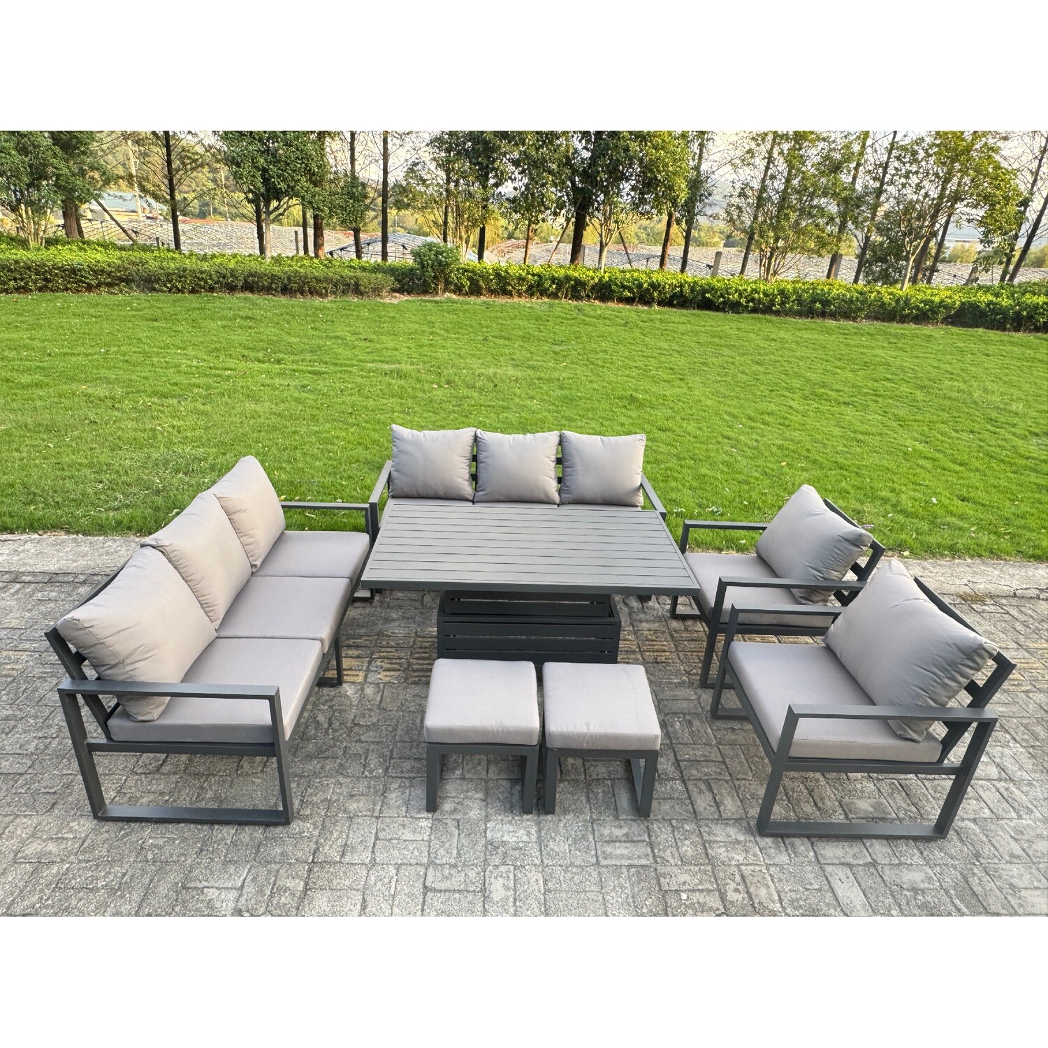 B&Q - 7 Piece Garden Furniture Set 10-Seater Aluminium With Adjustable Rising Lifting Dining Table & Cushions Dark Grey - Image 2