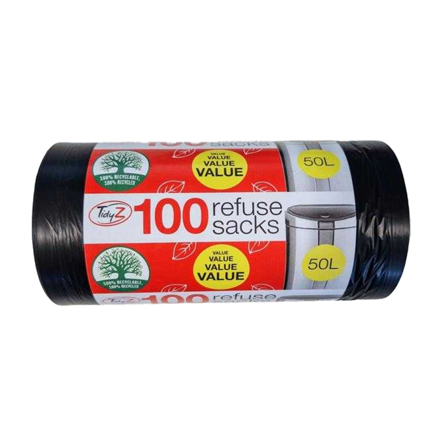 Tidyz Plastic 50L Bin Bags (Pack Of 100) - Black