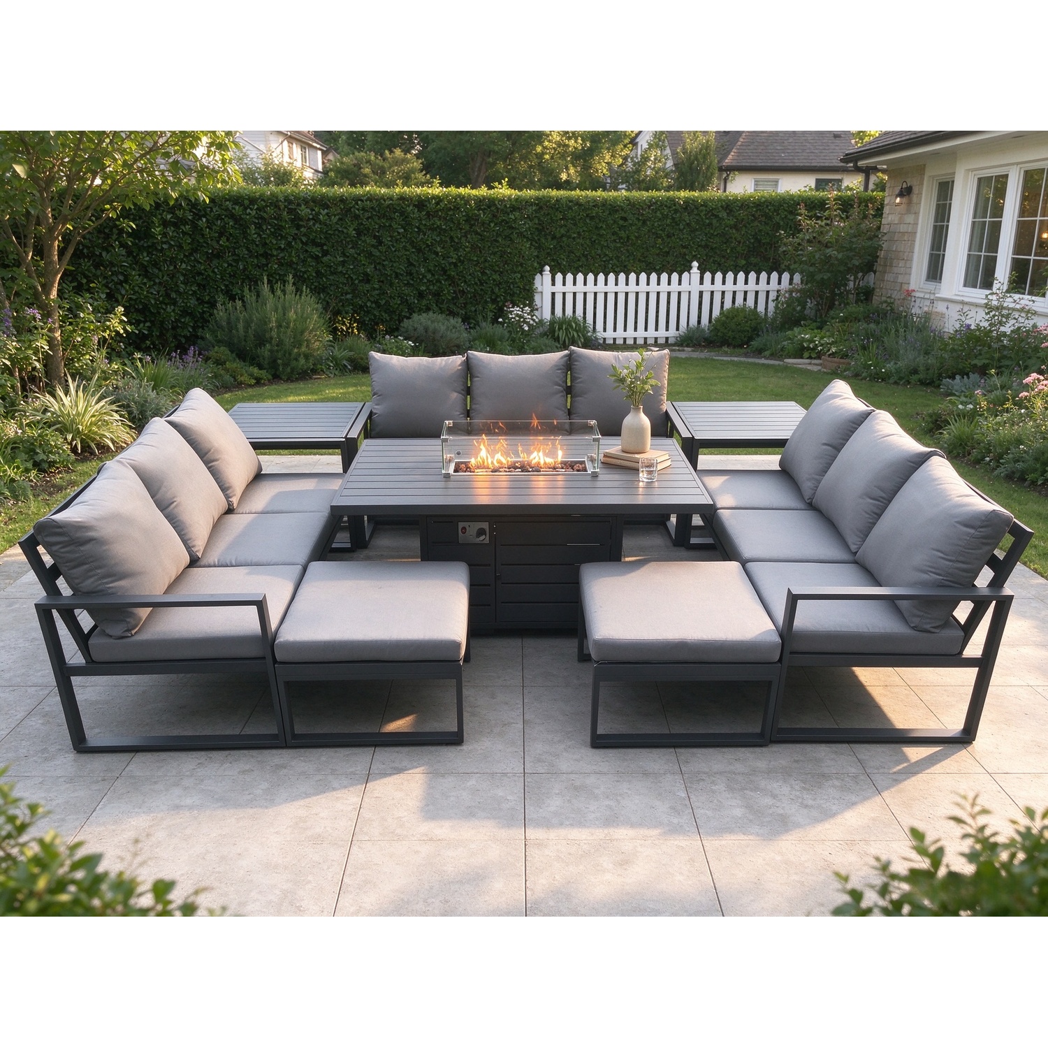 Fimous Aluminium 11 Seater Garden Furniture Outdoor Set Patio Lounge Sofa Gas Fire Pit Dining Table Set With 2 Big Footstools 2 Dark Grey - Image 3