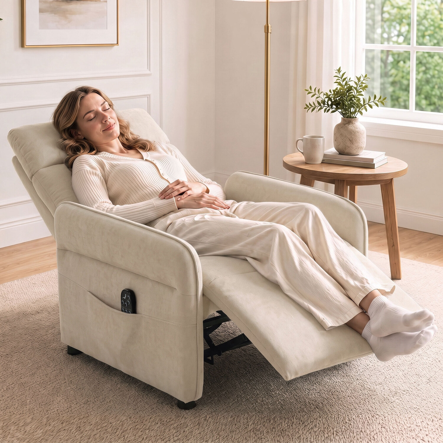 Homcom Beige Recliner Armchair, Push Back Recliner Chair With Massage & Heat, Adjustable Armrests, Dual Side Pockets, - Image 3