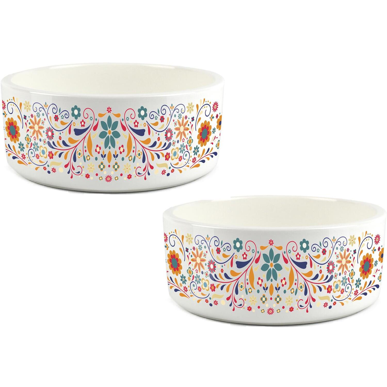 Mexican Floral Multicolour Large Pet Bowl Set - Ceramic Food/Water Dish for Dogs - Image 3