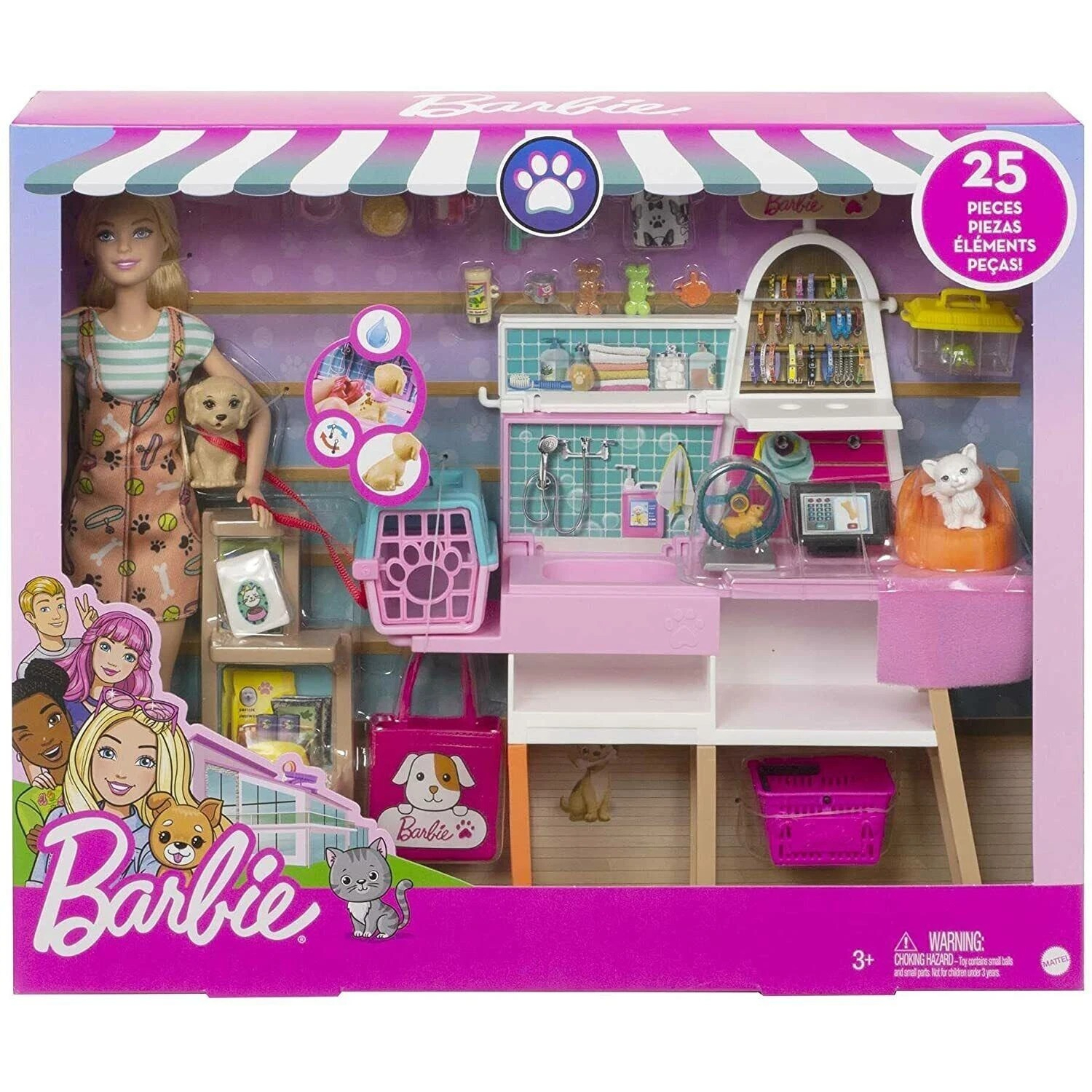 Barbie Doll and Pet Boutique Playset with 4 Pets, Colour-Change Grooming Feature, GRG90