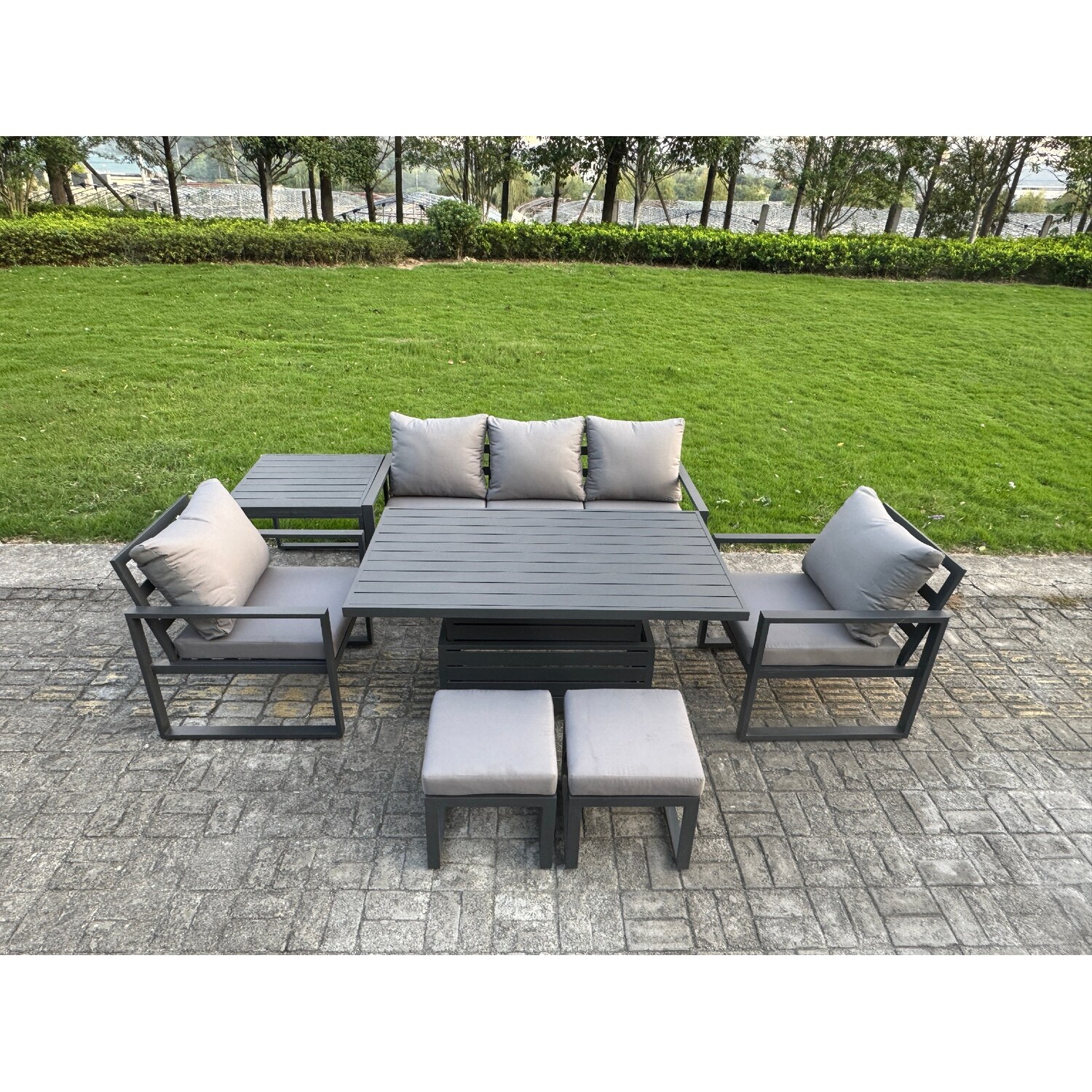 Fimous Unisex Dark Grey Aluminum 7-Piece Sofa Set With Lifting Table, 2 Chairs, 2 Stools In Small - Image 3