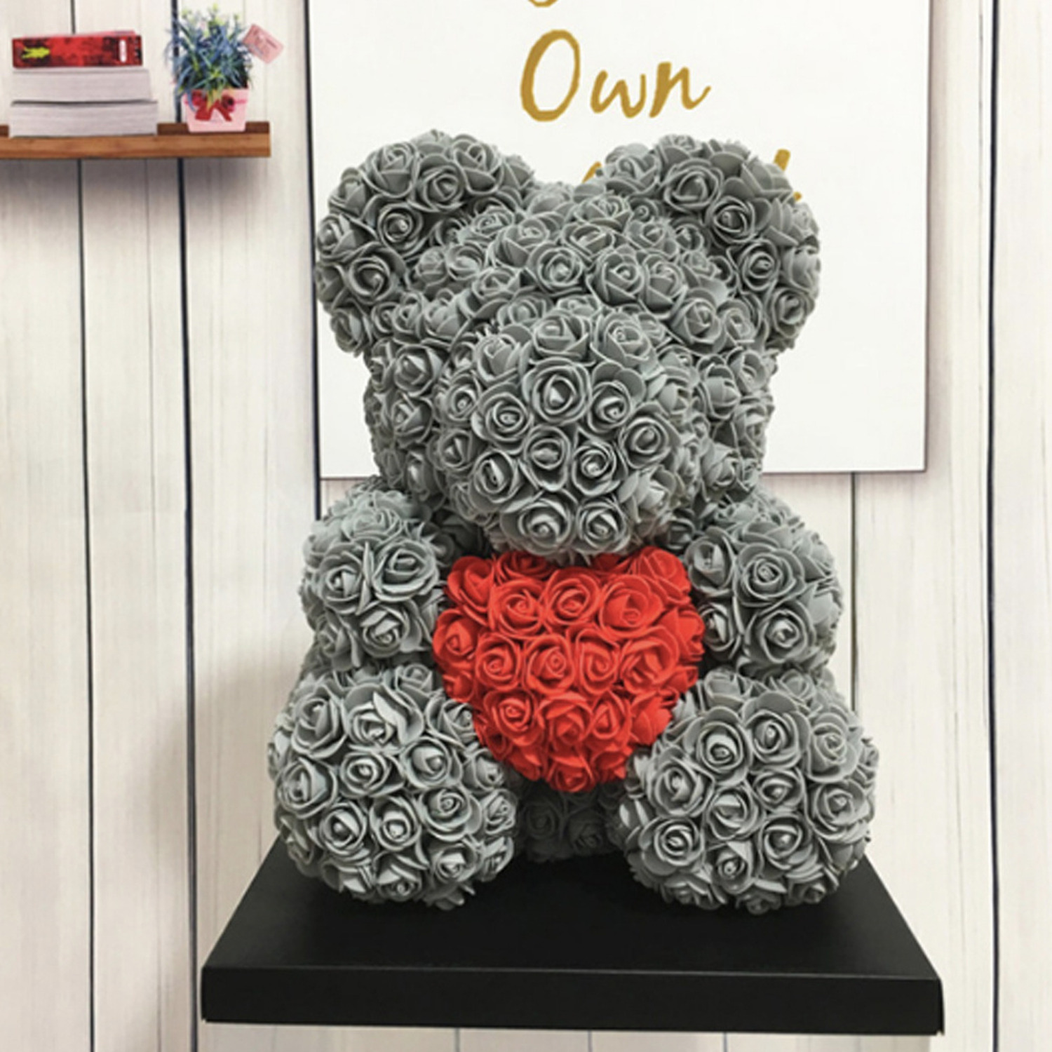 Image of Artificial Flower Teddy Bear Foamy Doll With Loving Heart Light String - Grey