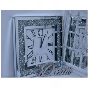 Square Crushed Jewel Mirror Wall Clock Black Hands Roman Diamante