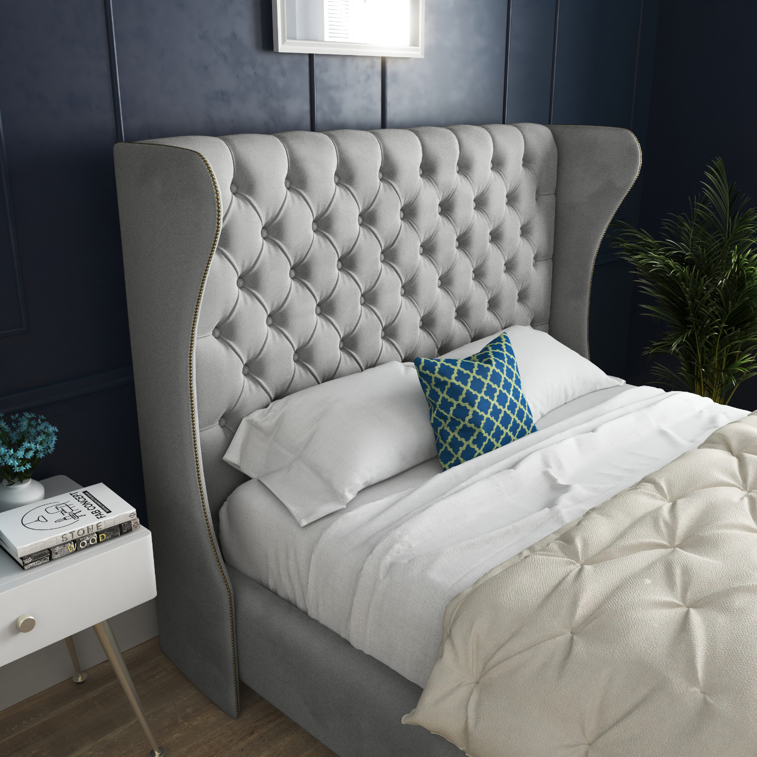 Donati Straight Curved Top Upholstered Soft Velvet Bed Frame - Grey King