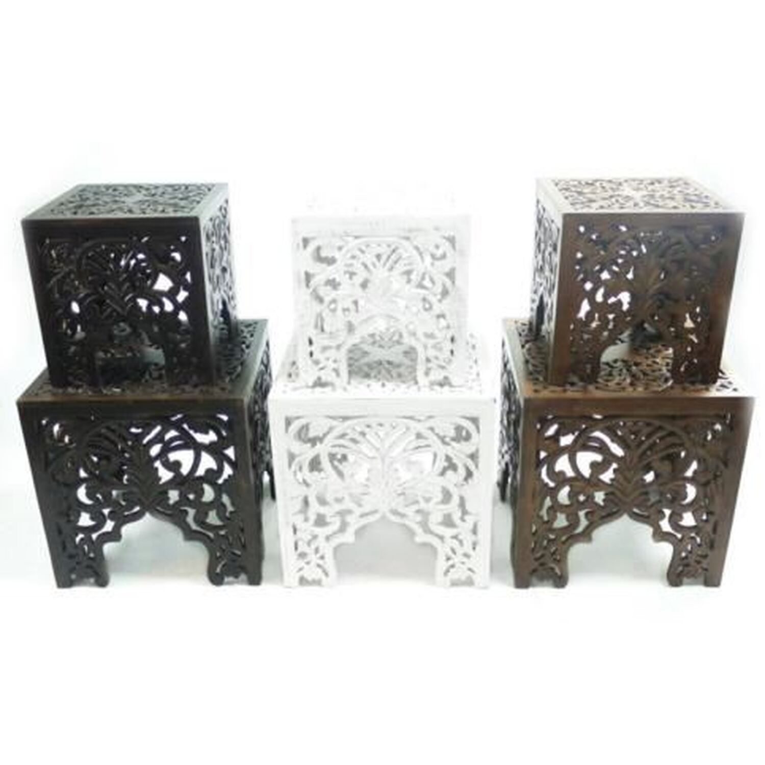 Beautiful Square Carved Indian Wooden Side End Coffee Table - Dark Brown Yes 30cm
