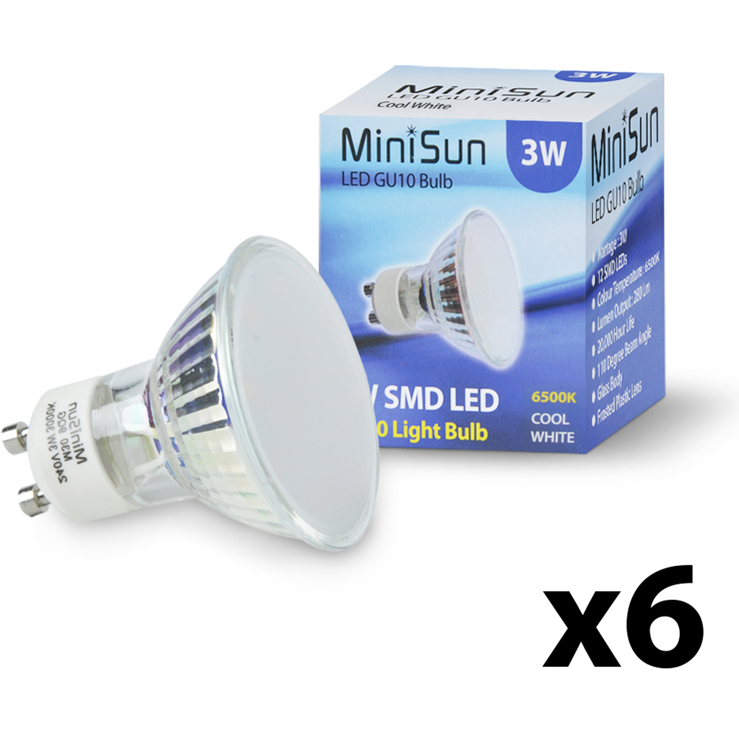 6 Pack Gu10 White Glass Bodied Spotlight Led 3w 6500k 280lm Light Bulb - White