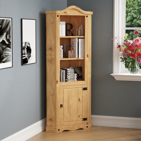 Corona 1 Door Corner Bookcase - Pine