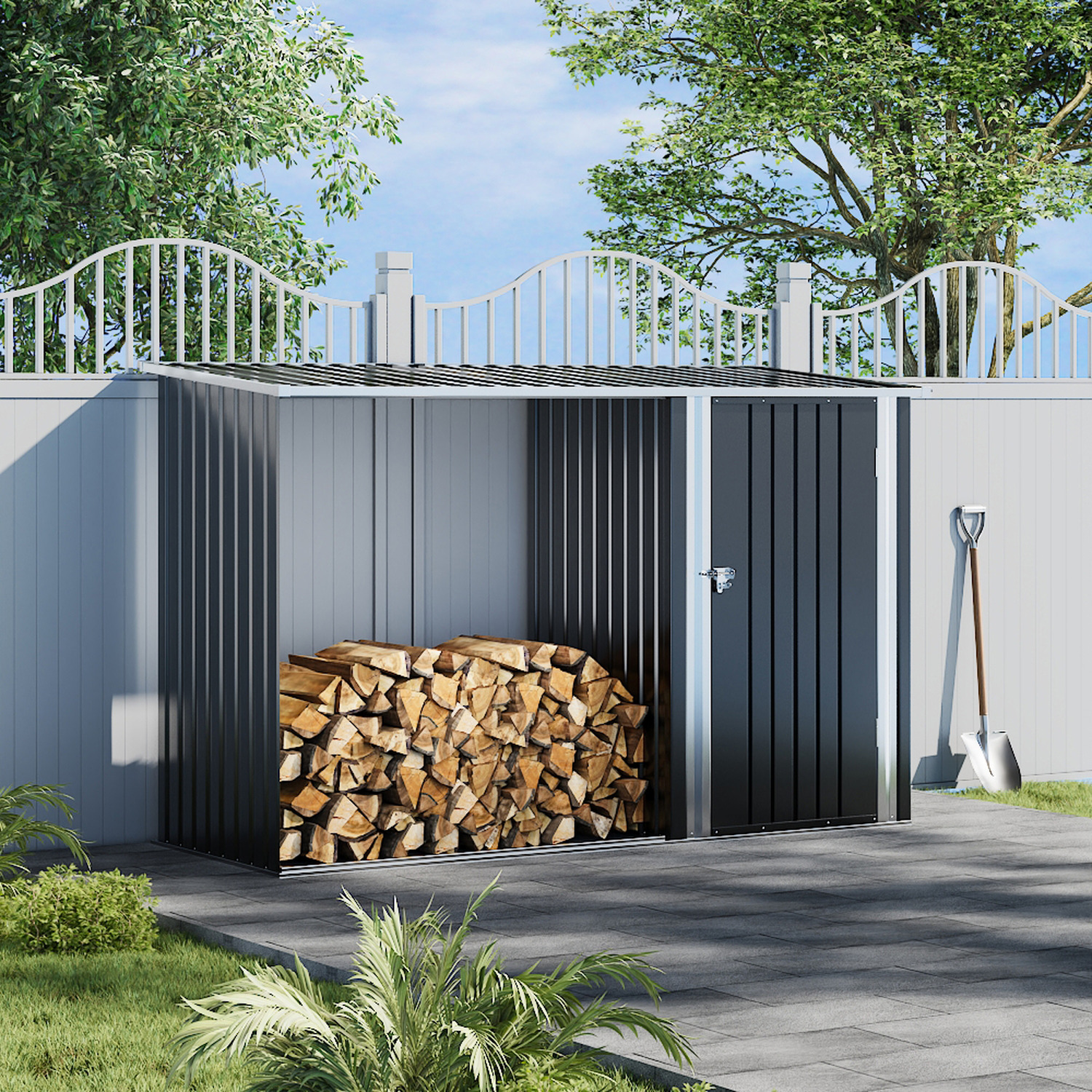 Steel Storage Shed with Log Stacking Rack