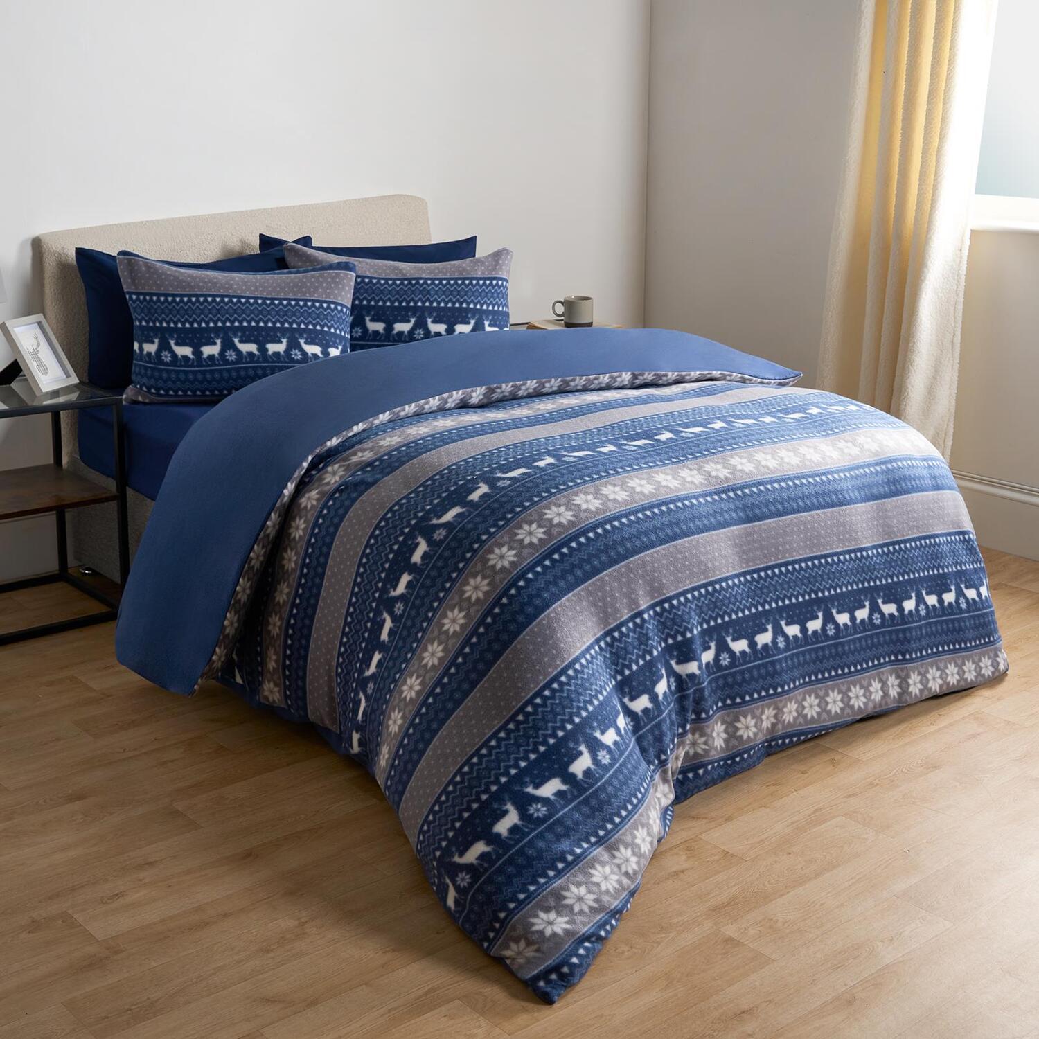Nordic Christmas Fleece Duvet Set - Navy Blue Double