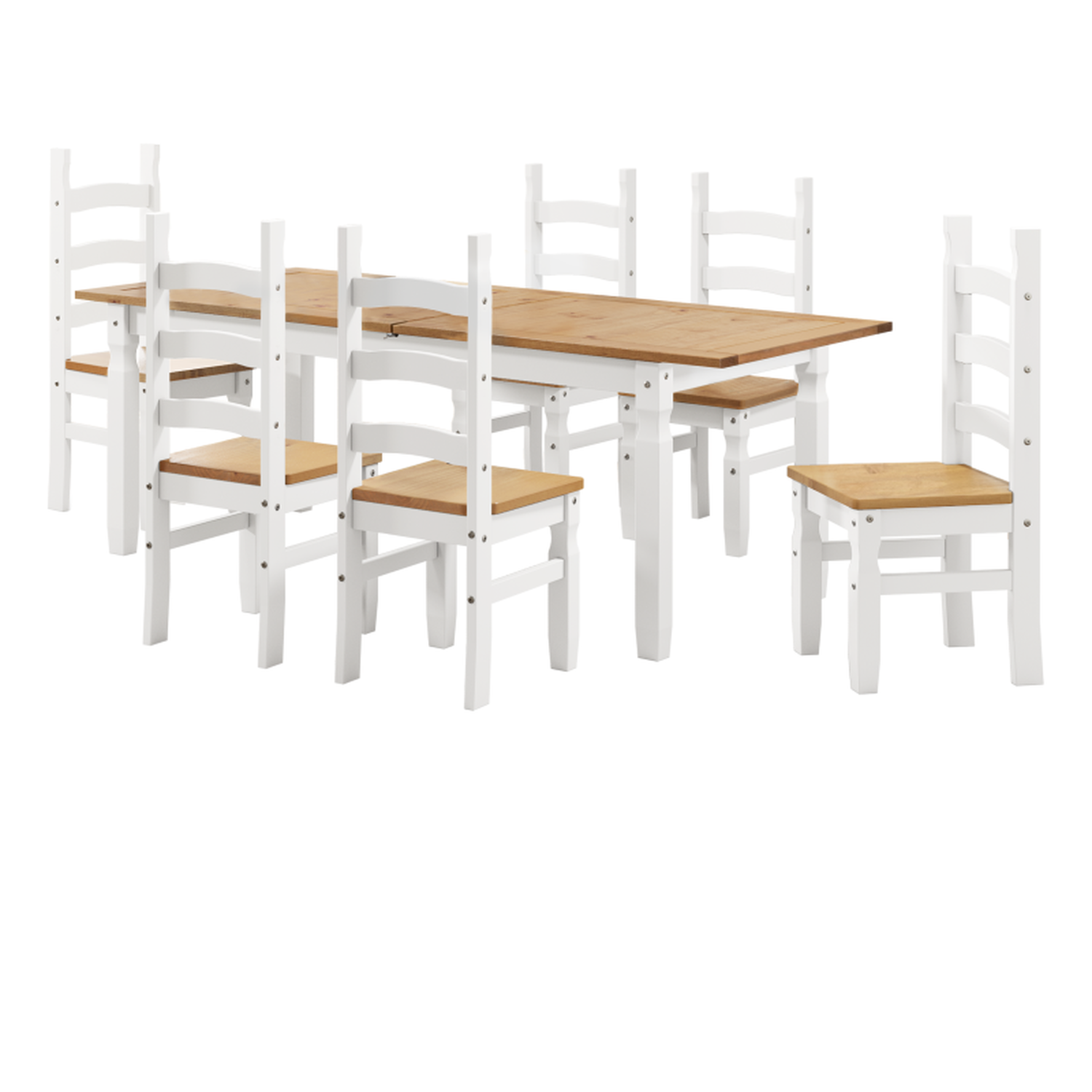 Corona Large Extending Dining Table 6 Chairs Set Solid Wood Mexican Pine Wooden - Distressed White Wax