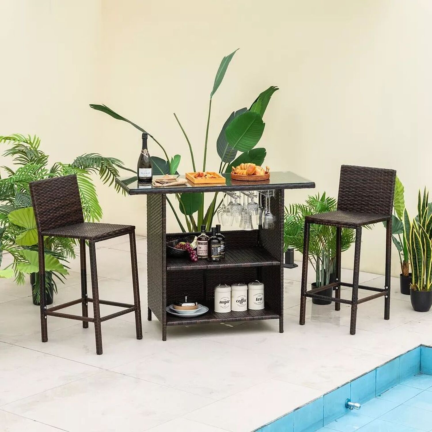 3 Piece Patio Wicker Garden Bar Set Rattan With Storage - Brown