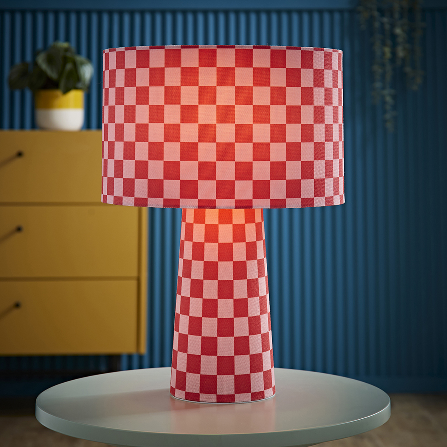 Pritchard Checkerboard Fabric Table Lamp with Drum Shade and LED Bulb - Pink