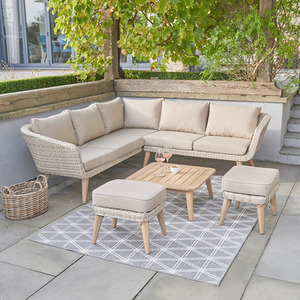 PU Rattan Outdoor Corner Sofa Seating Set with Table and Stools