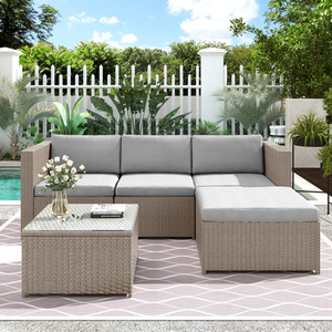 Outdoor Rattan Corner Sofa Set with Glass Top Coffee Table