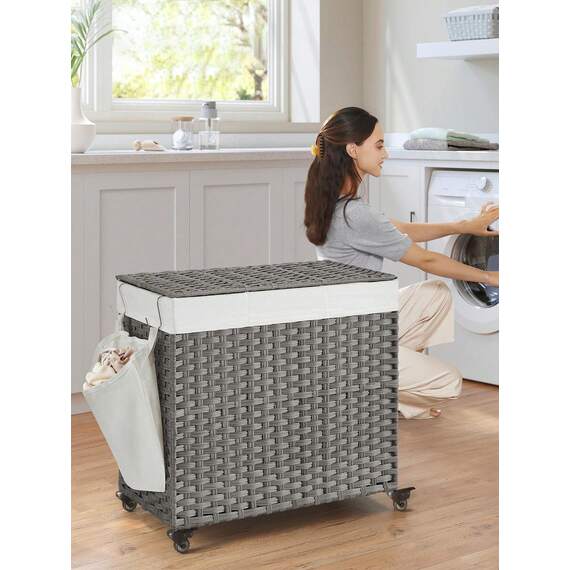 SONGMICS Laundry Basket with Lid, Woven Dirty Laundry Basket with Wheels