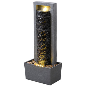 Outdoor Garden Column Water Fountain with LED Lights, Layered Rock Design, Grey