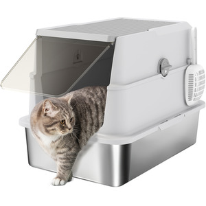 PawHut Extra Large Stainless Steel Cat Litter Tray with Flip Top