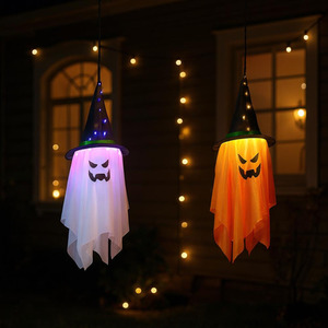 Hanging Light-Up Ghosts with Witch Hats for Halloween