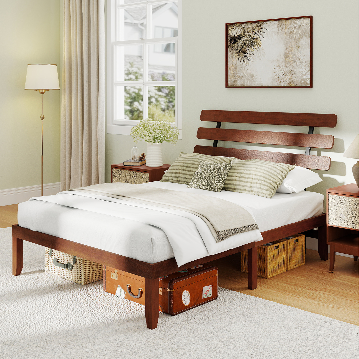 Solid Wood Platform Bed With Retro Headboard - Brown King
