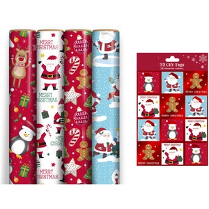 4 Rolls Kids Christmas Wrapping Paper 7M Cute 32 Matching Tags