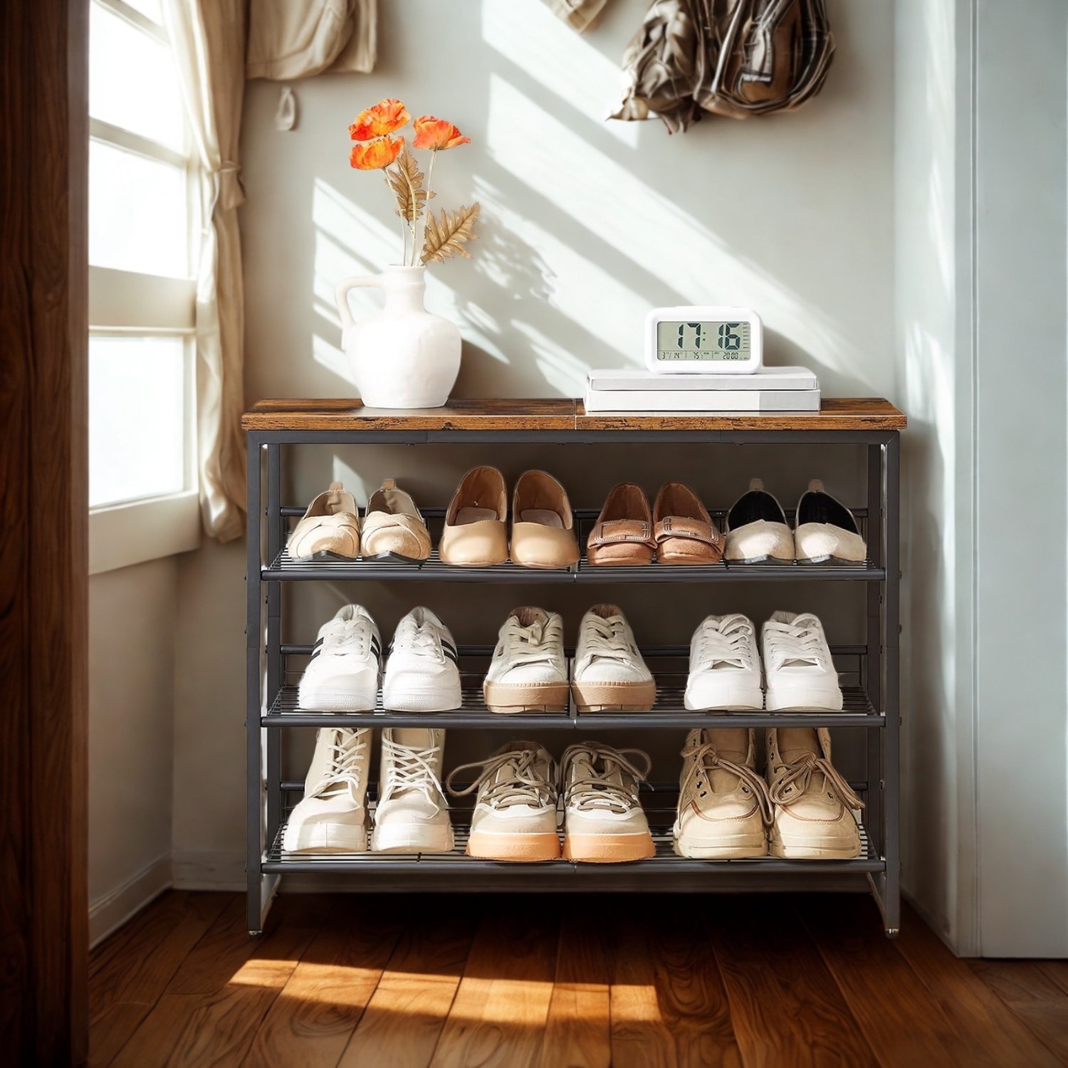 Shoe Racking Hallway 4-Tier Hallway Shoe Rack Storage With Adjustable Mesh Shelves