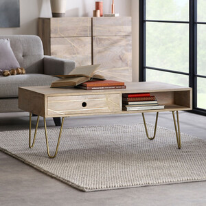 Light Gold Mango Wood Rectangular Coffee Table with Drawer