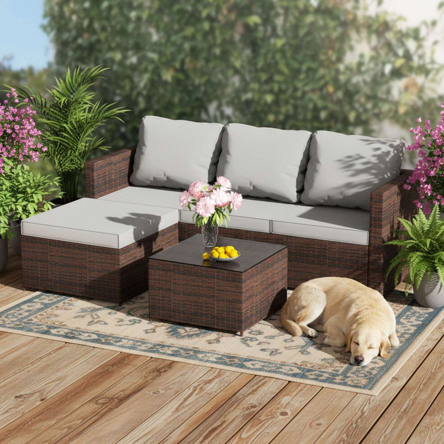 5Pcs Rattan Garden Furniture Set - Brown