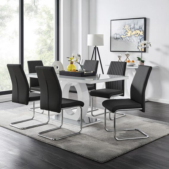 Giovani Grey White Modern Glass Dining Table With Six Lorenzo Chair Set