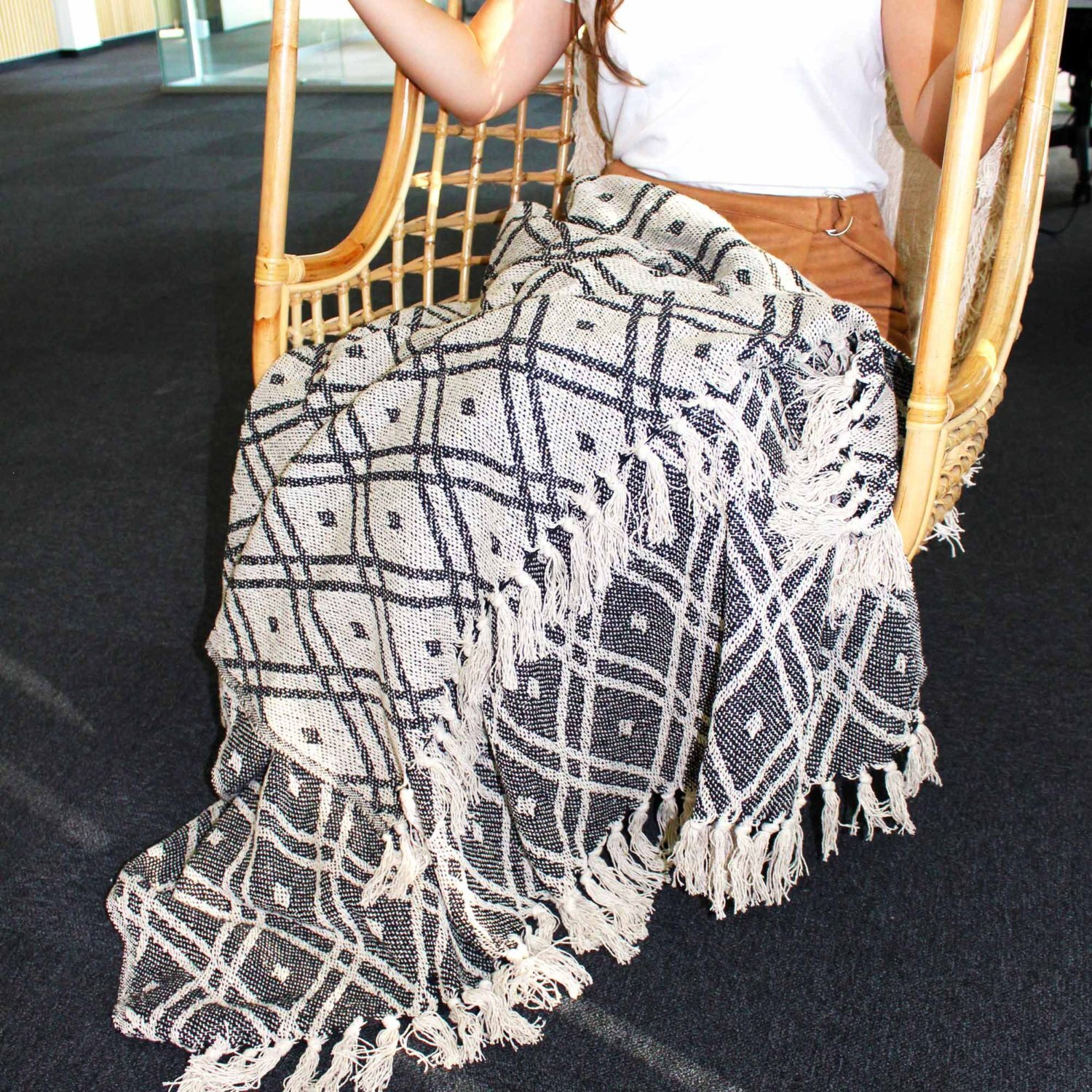 Boho Comfort Throw Black Beige Regency Cotton Blanket - Black