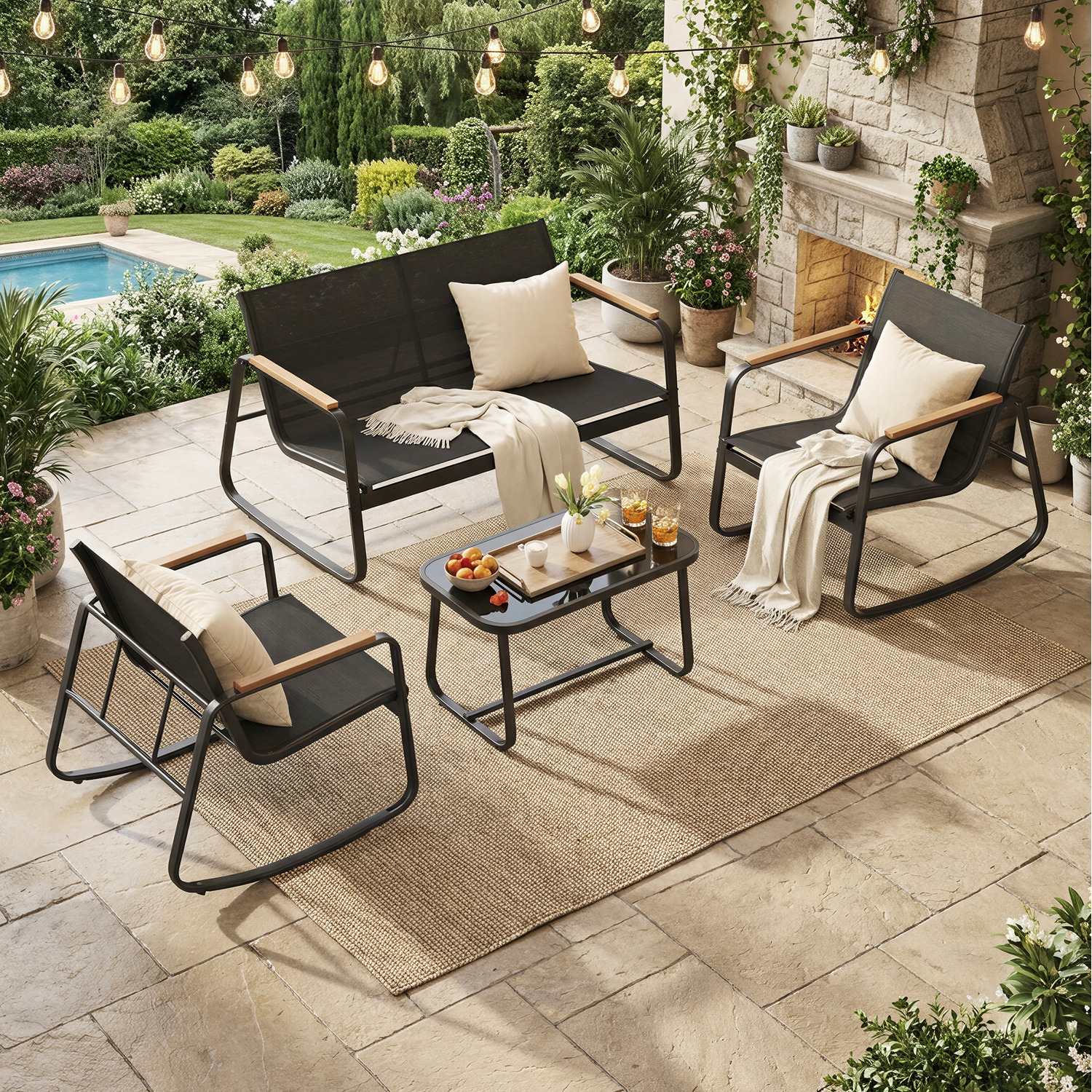 Outdoor Rocking Chair Set,4-Piece Conversation Patio Furniture with Table