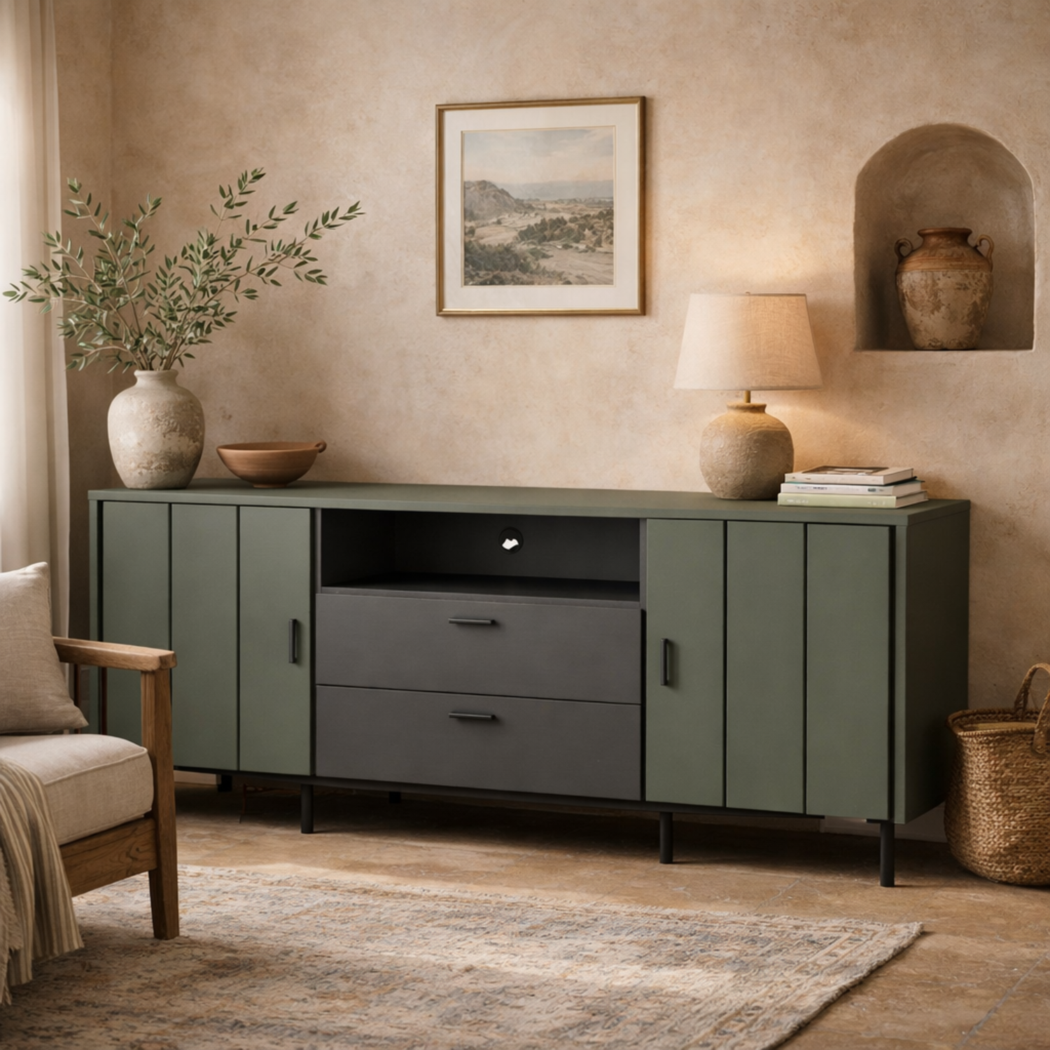 Wyld Haus Elowynd 173cm Olive Green and Anthracite TV Cabinet, 2 Doors, 2 Drawers - Green
