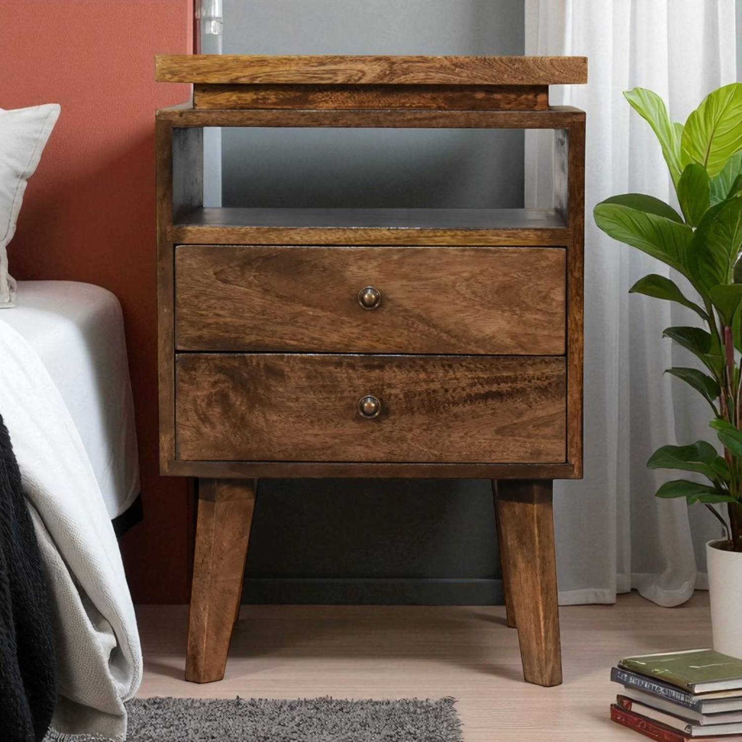 Solid Wood Platform Bedside - Brown