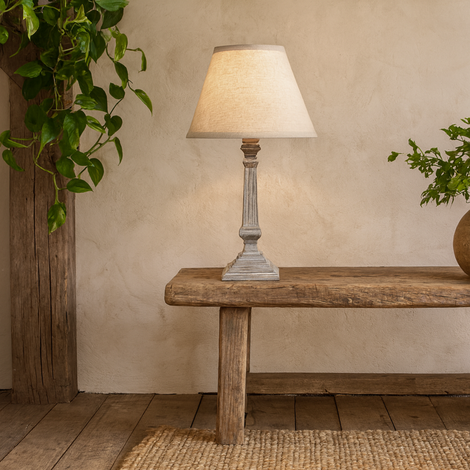 Collioure Washed Wooden Pedestal Table Lamp with Linen Shade - Grey