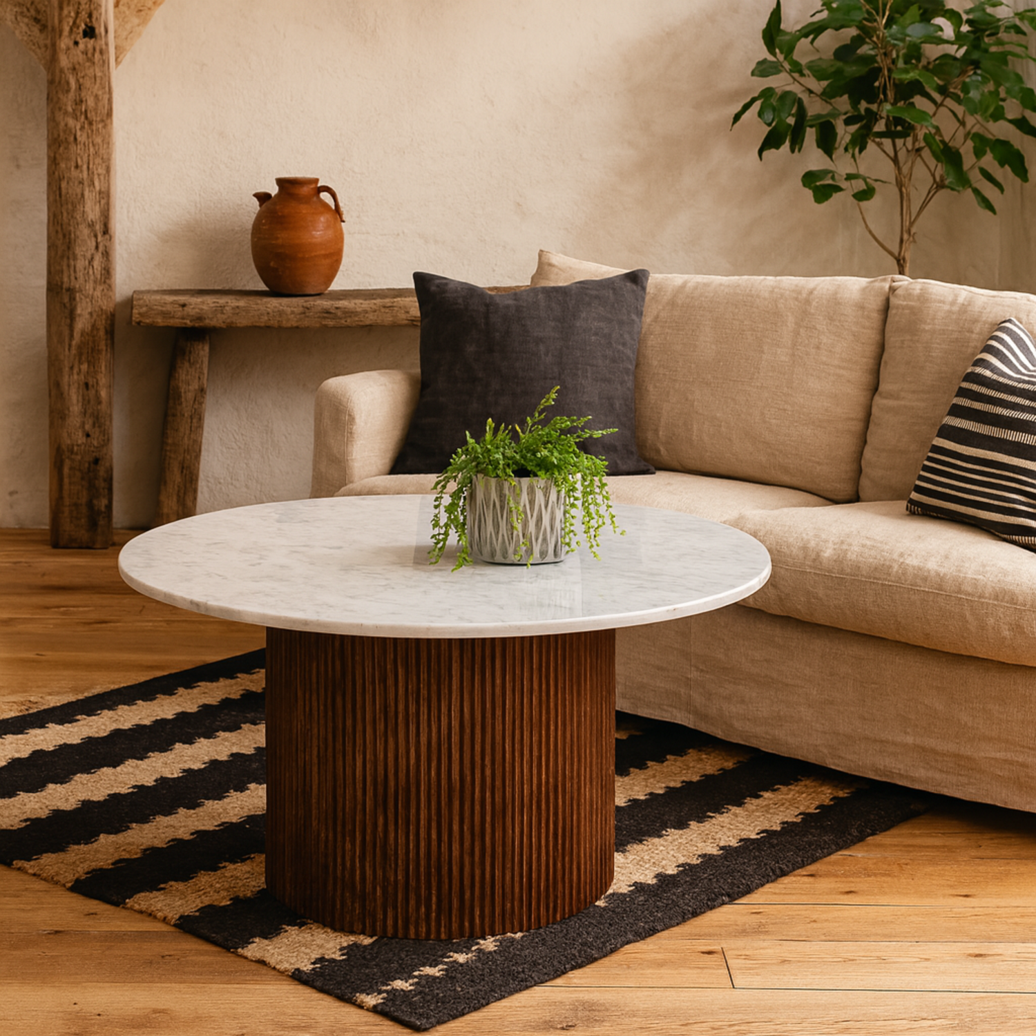 Alabama Round Coffee Table Ribbed Mango Wood Base Marble Top - Brown