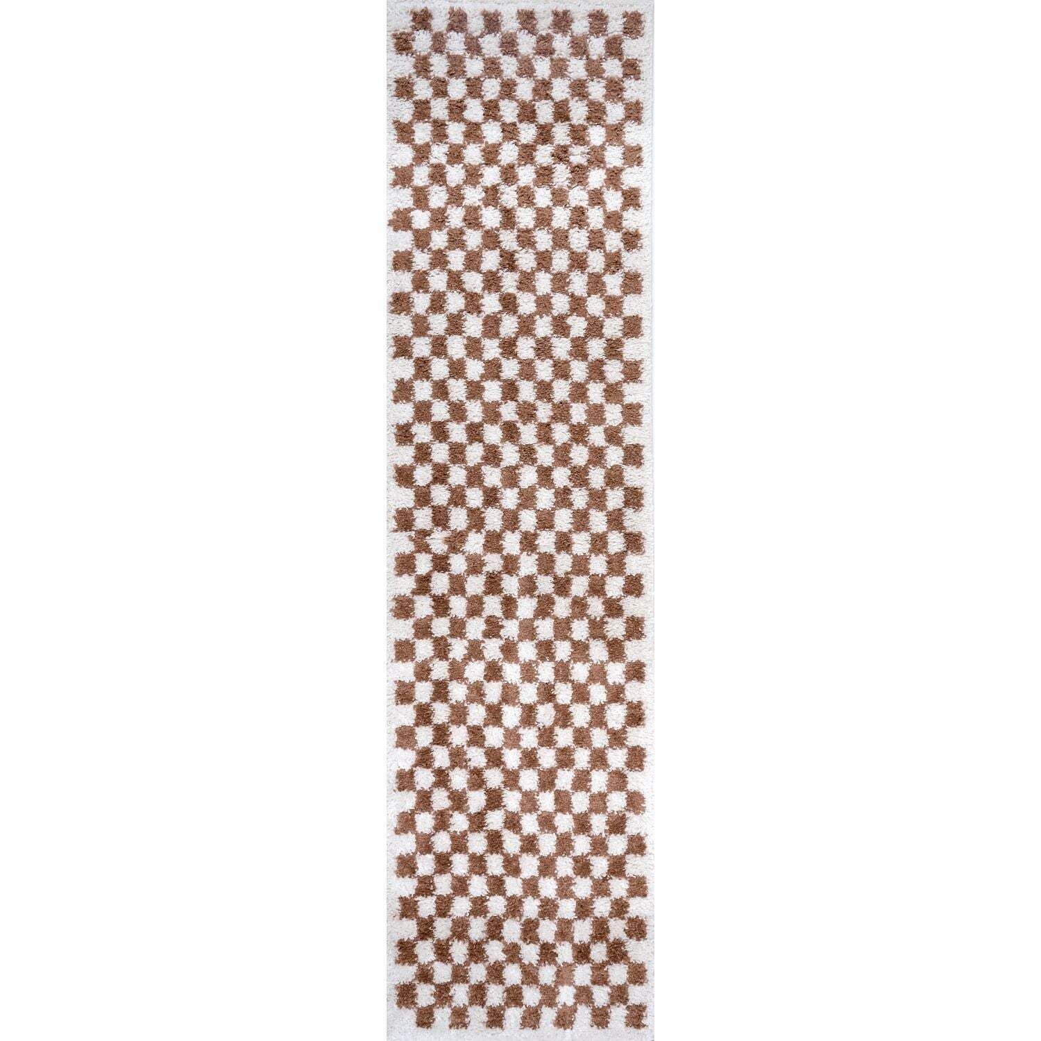 The Rugs Unisex Terracotta Moodi Chequered Shaggy Soft High Pile Living Room Rug & Runner In | Size: 80Cm X 300Cm - Image 3