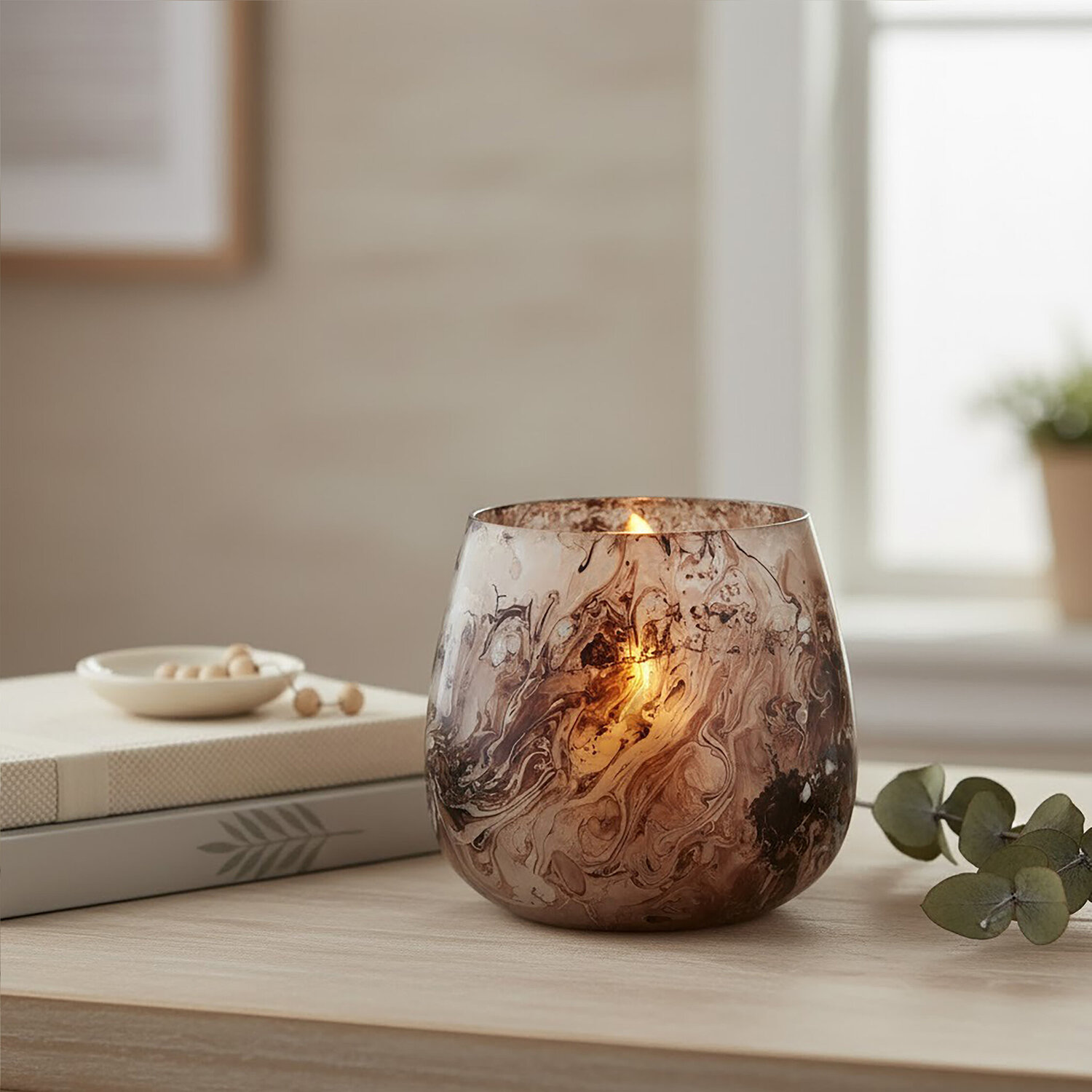 Garan Brown Marble Effect Small Candle Holder - Brown
