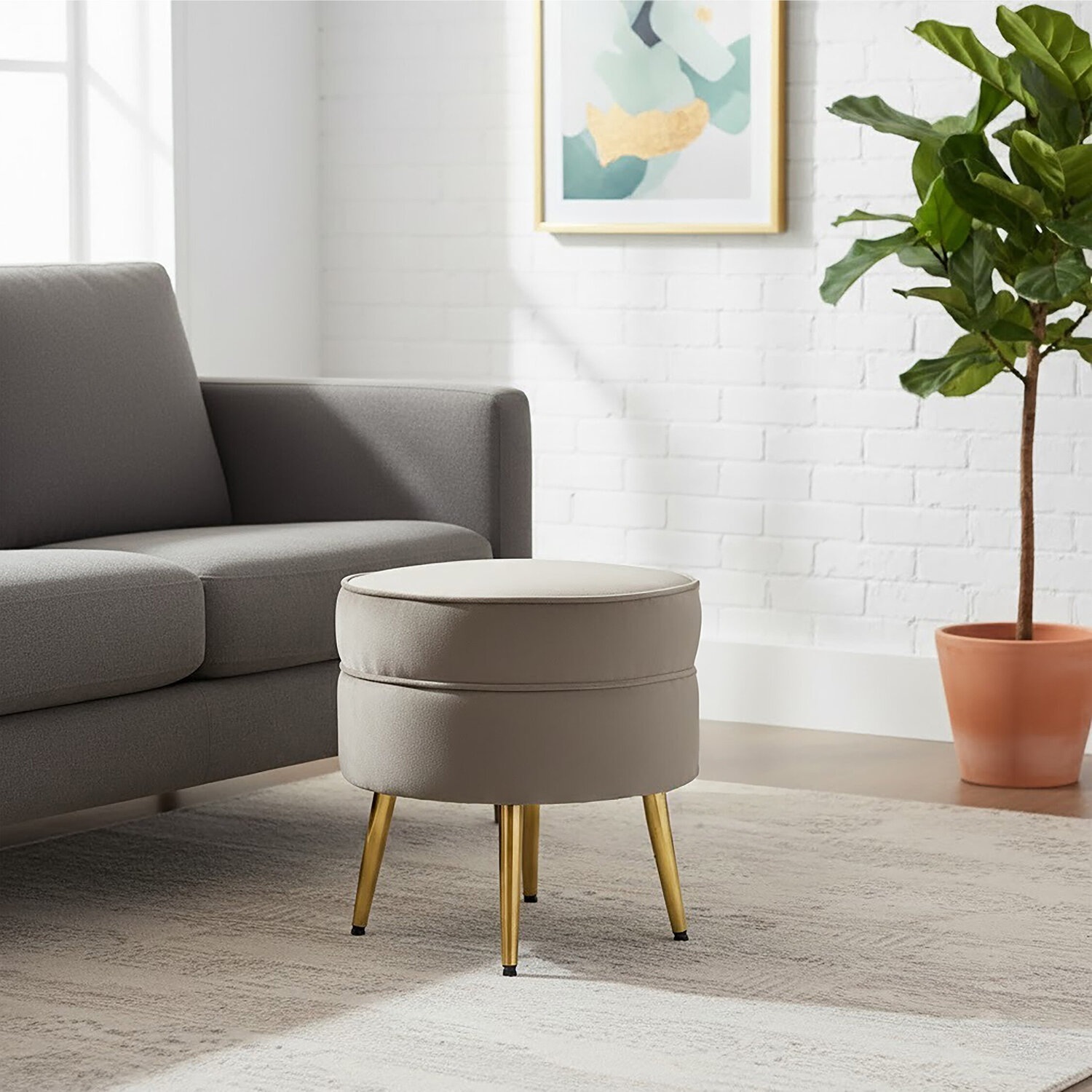Tamra Round Mink Velvet Gold Leg Footstool - Grey