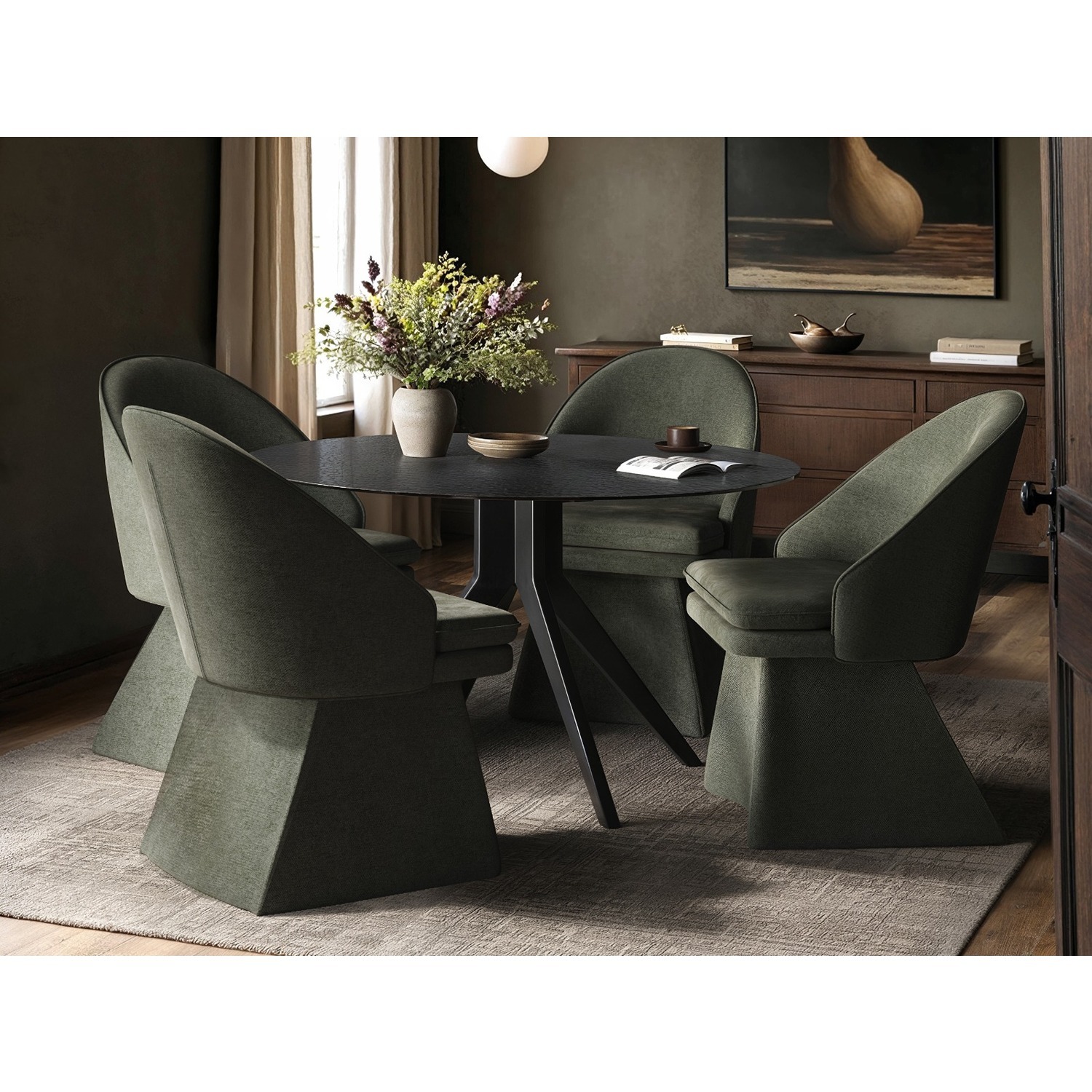 Emil Round Glass Dining Table with Aiko Chairs Set - Black + Green