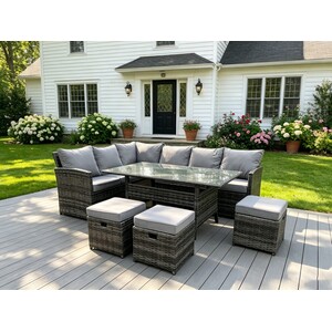 Semi-Assembled 9 Seater Rattan Corner Sofa Dining Set Patio