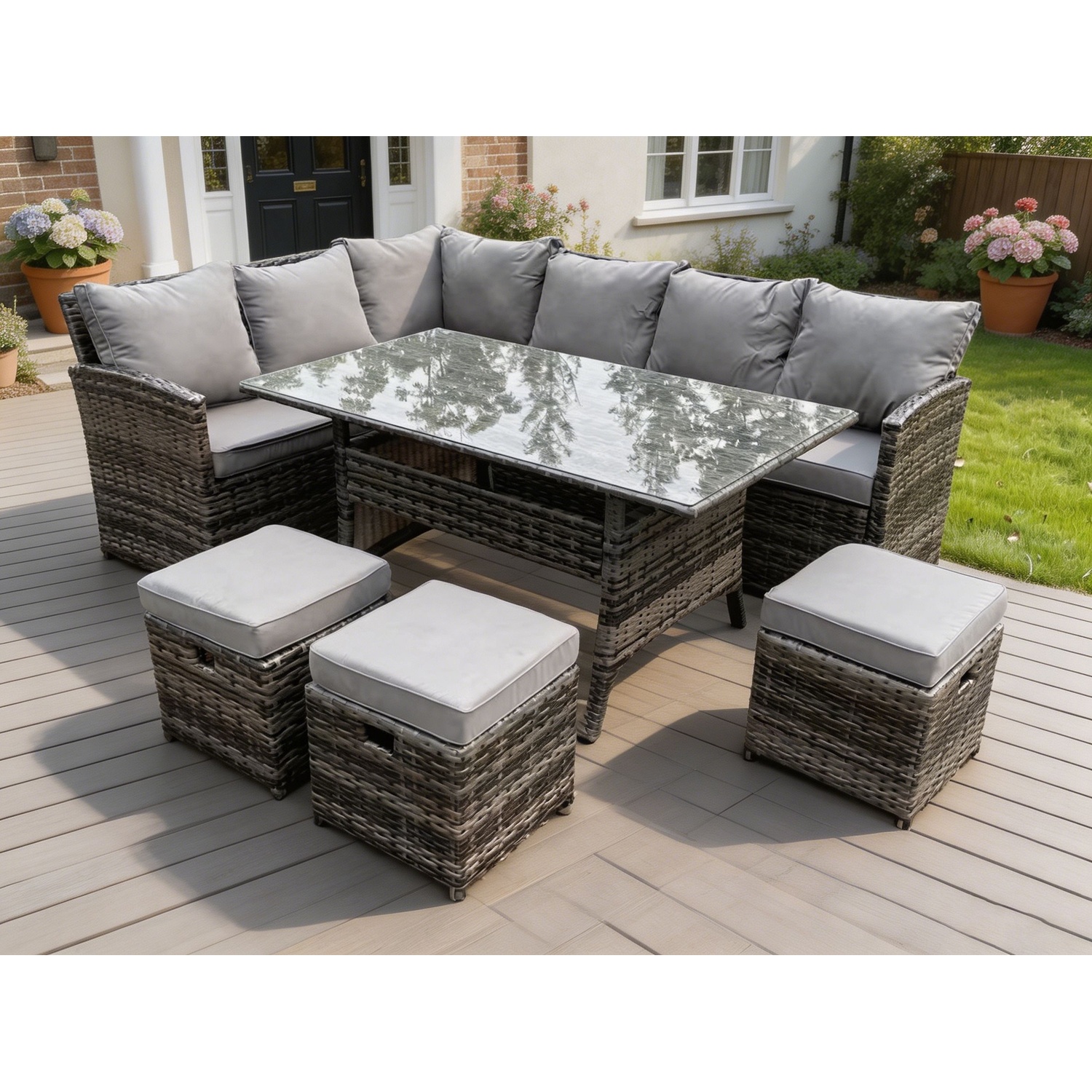 Fimous High Back Rattan Corner Sofa Set Outdoor Furniture 9 Seater - Dark Grey Mixed