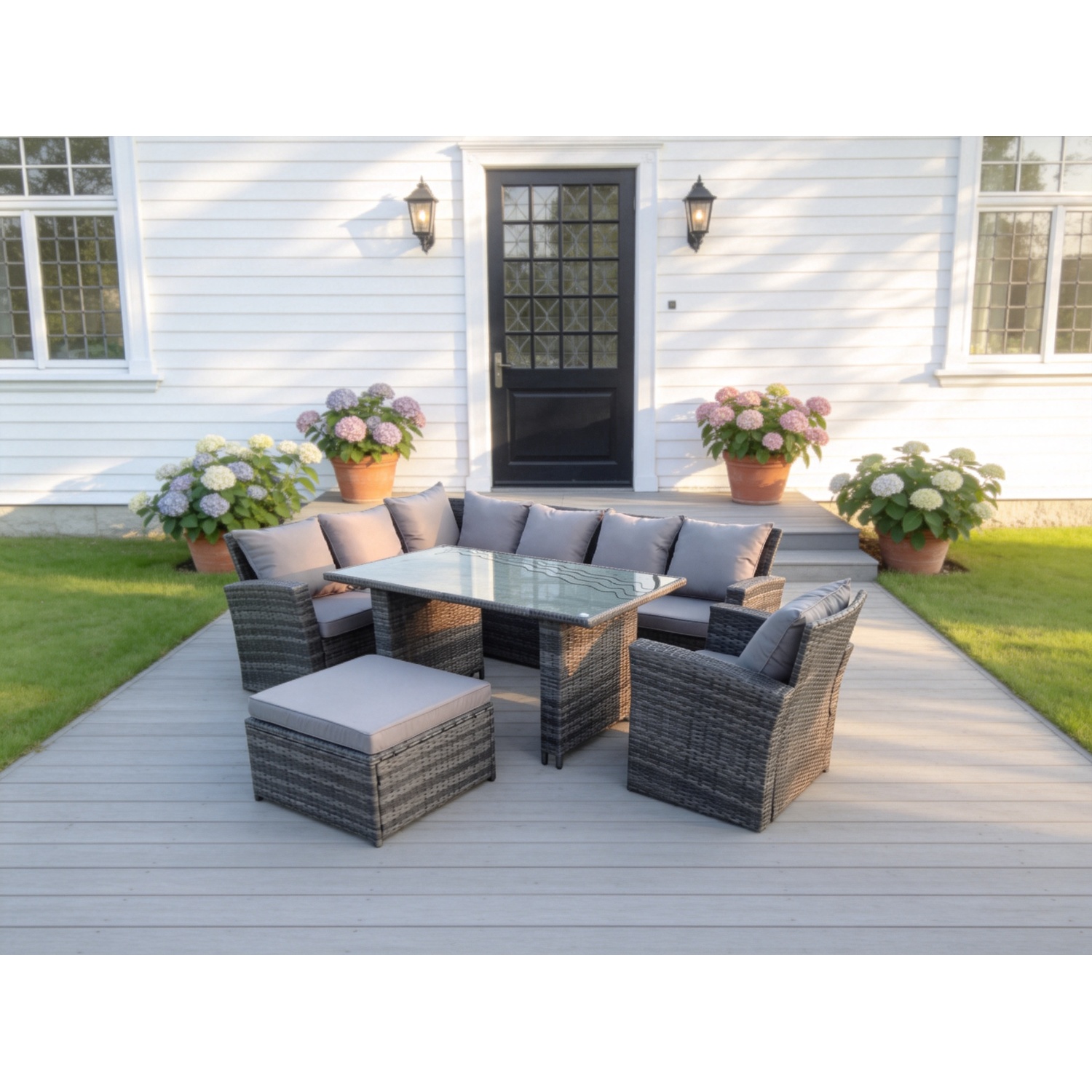 Fimous Black 8 Seater High Back Rattan Garden Furniture Set Corner Sofa With Tempered Dining Table Footstool With Arm Chair - Image 2
