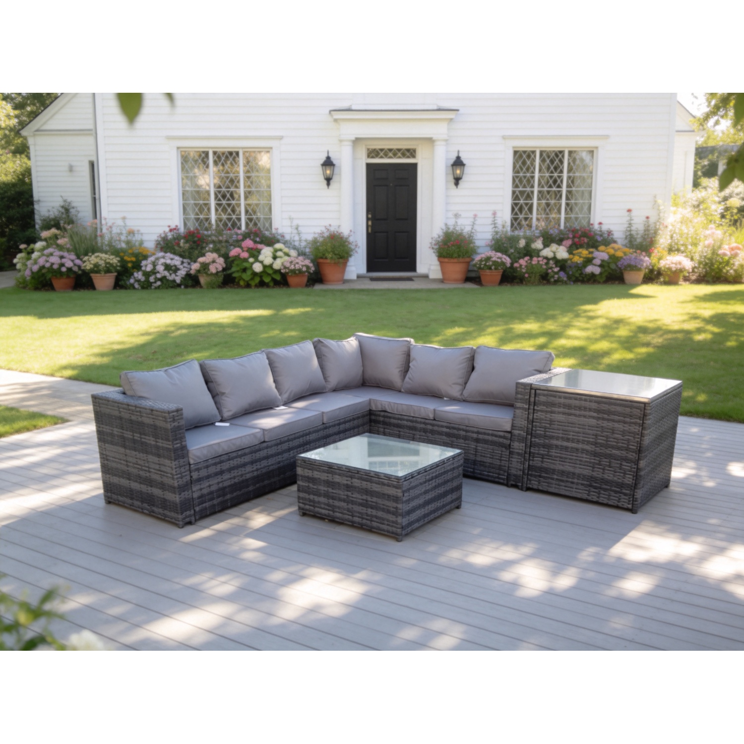 Fimous Dark/Grey Rattan Corner Sofa Set Garden Furniture With Coffee Tall Table And Side Table - Image 2
