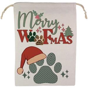Merry Woofmas Dog Santa Sack - Large Linen-Style Xmas Gift Bag with Drawstring