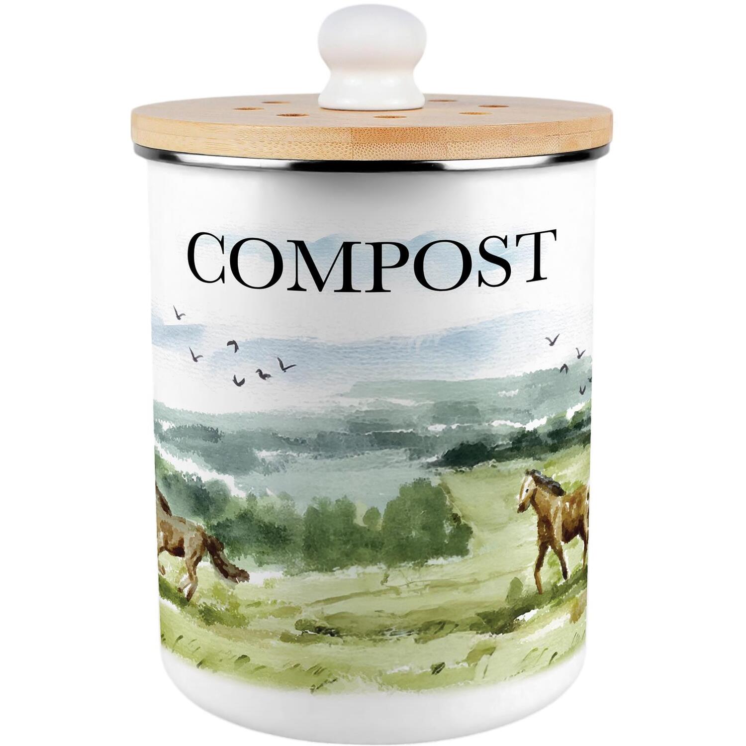 Purely Home Wild Horses Compost Caddy - Metal 2L Decorative Kitchen Food Waste Bin - Green