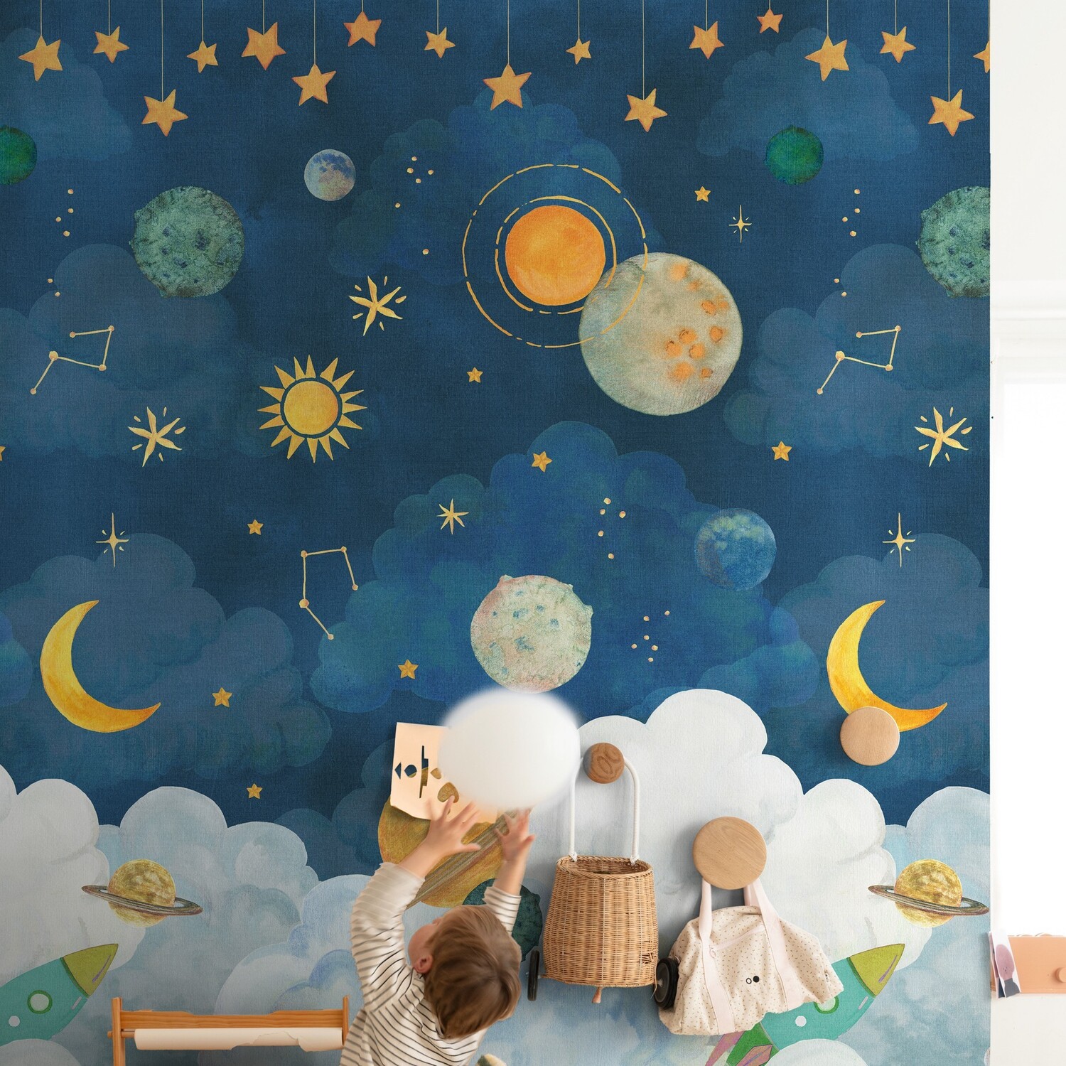 Grandeco Space Rocket 3 Lane Repeatable Wallpaper Nursery Mural - Blue