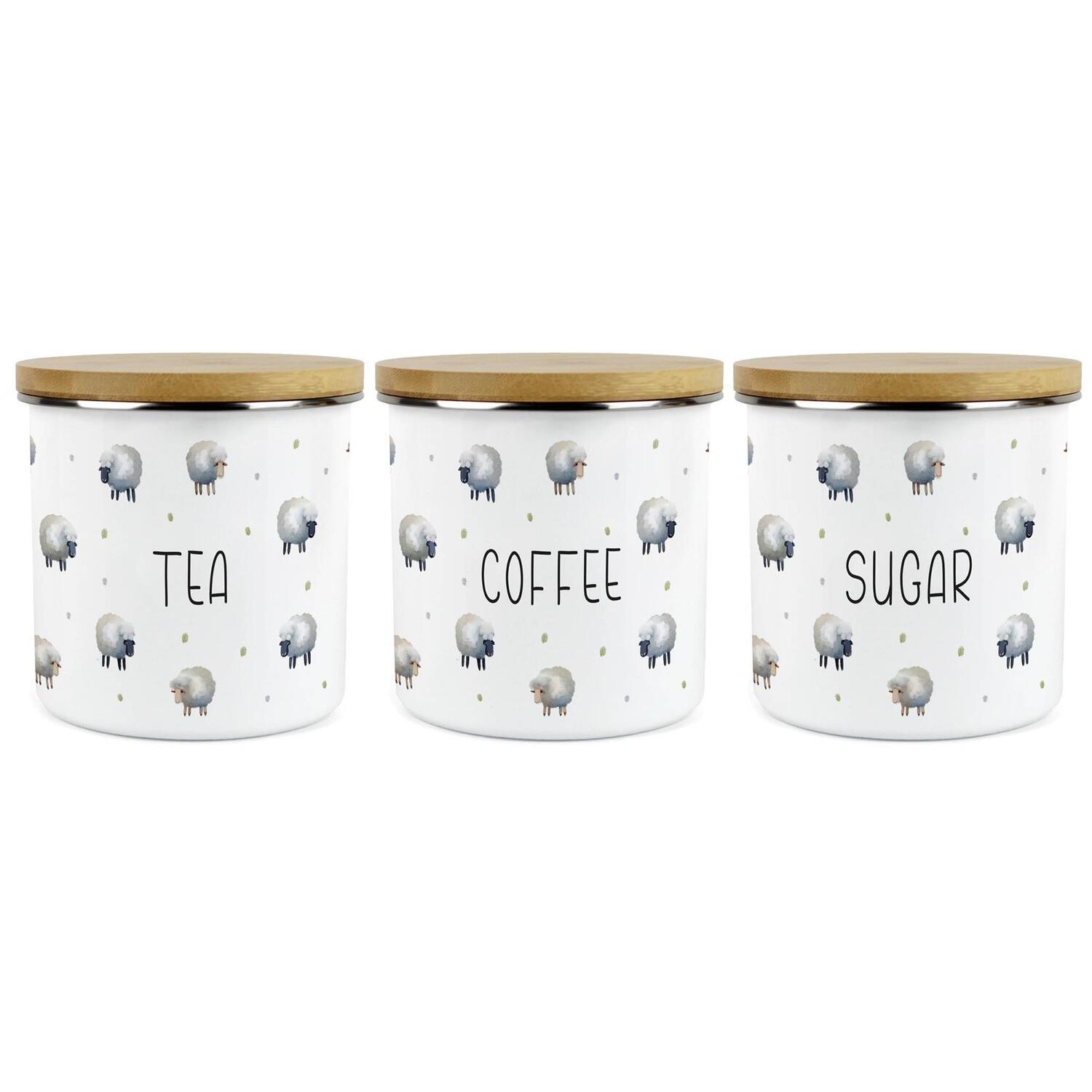 B&Q -  Spring Sheep Tea Coffee & Sugar Storage Canisters Set Of 3Cartoon Farm Animal Kitchen Décor1.2L Enamel Storage Containers - Image 4
