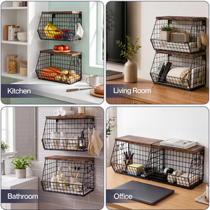 Fruit Basket Wire Basket with Wood Top Wall Mount Stackable Black