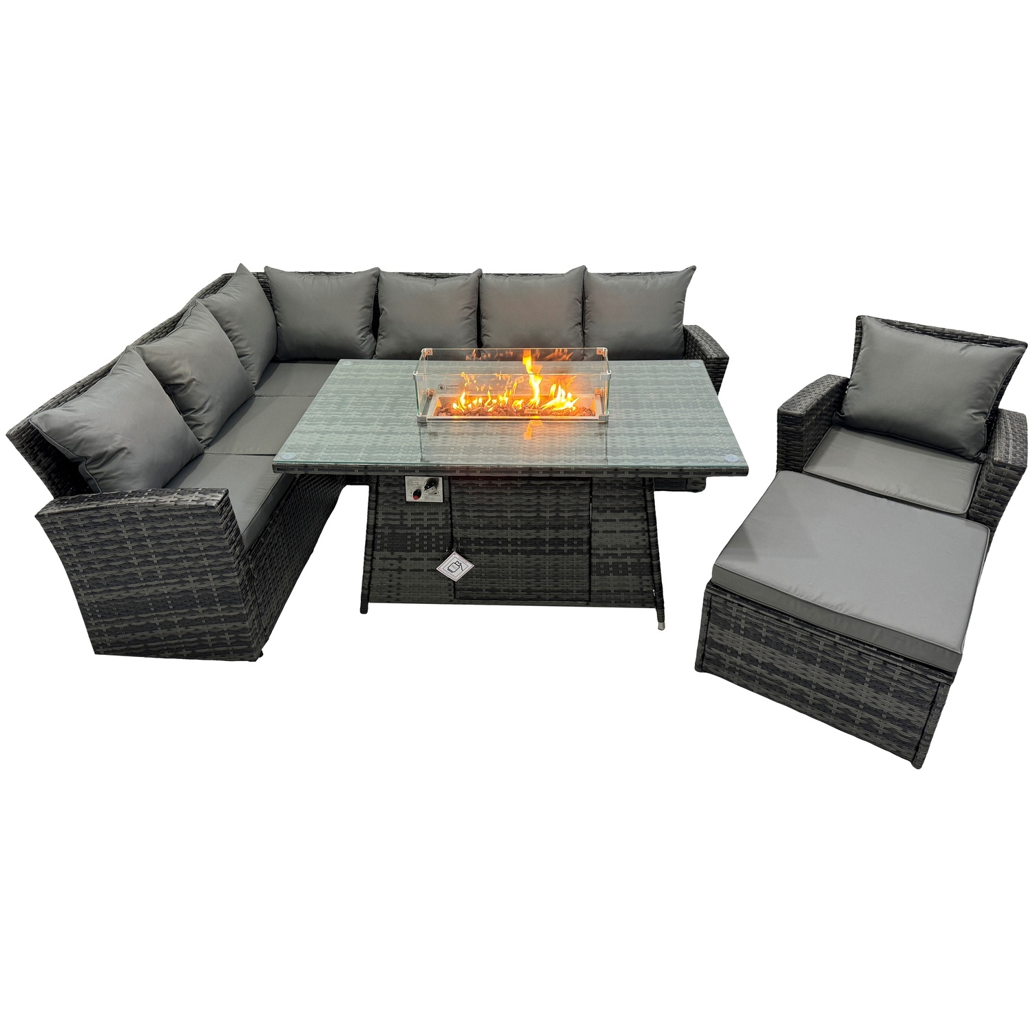 Fimous Dark/Grey 8 Seater?Outdoor Rattan Gas Fire Pit Sofa Dining Set Garden Furniture Heater Dining Table Chair Mixed Left Side - Image 2